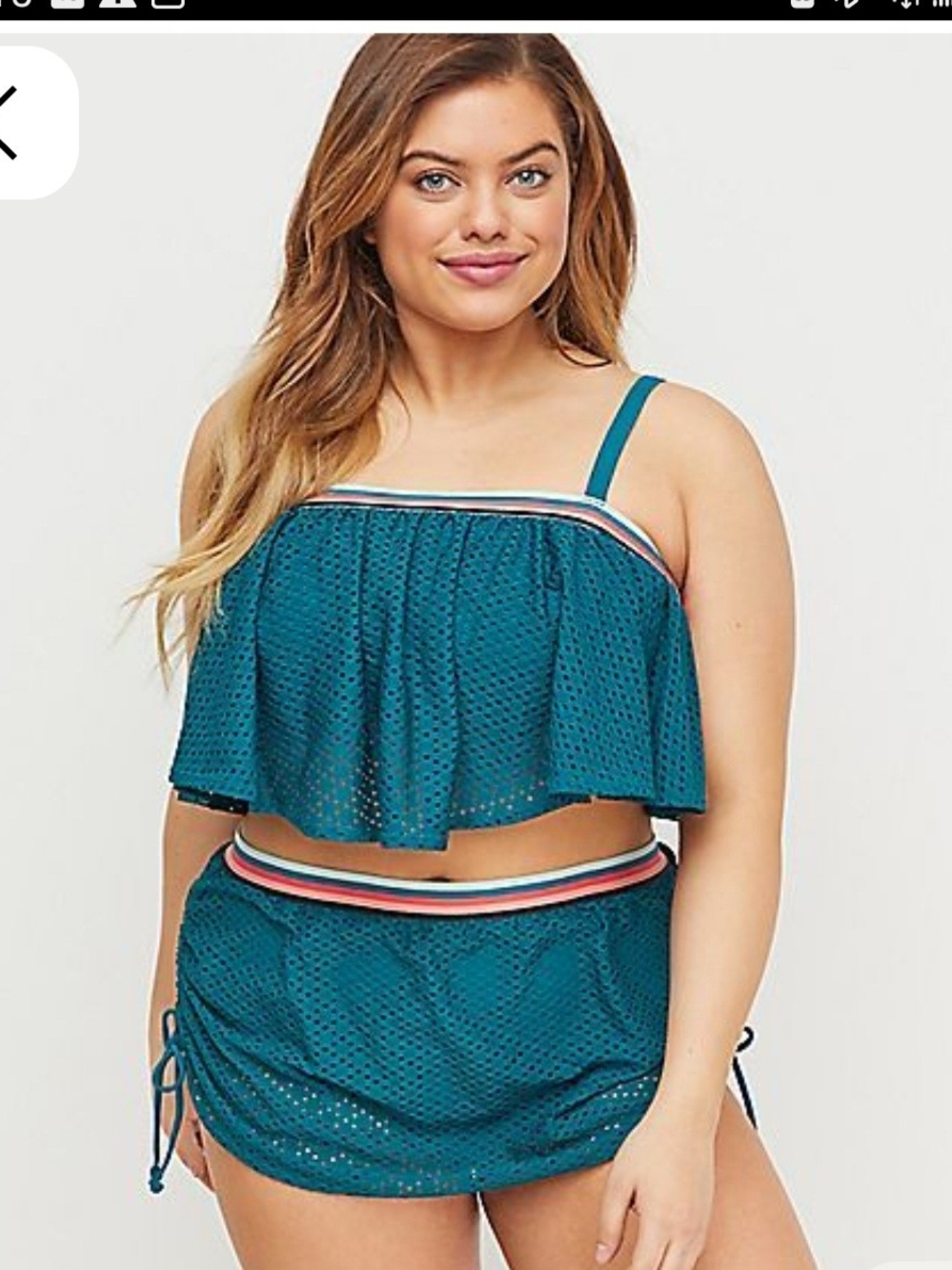 Plus-Size Teal Eyelet Two-Piece Swim Set with Striped Trim Cacique 18/20 EUC
